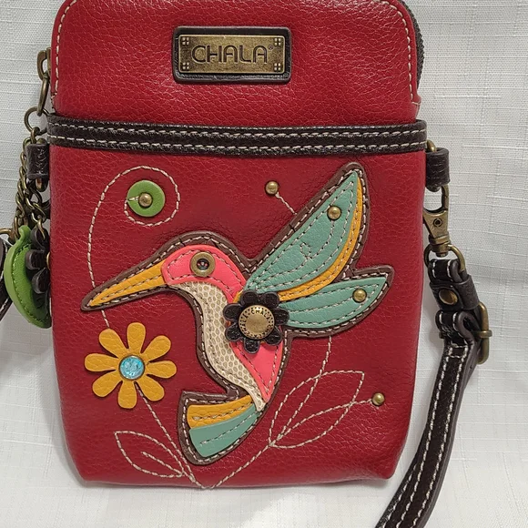 Chala Red Leather Crossbody Bag with Hummingbird Applique - Picture 2 of 9